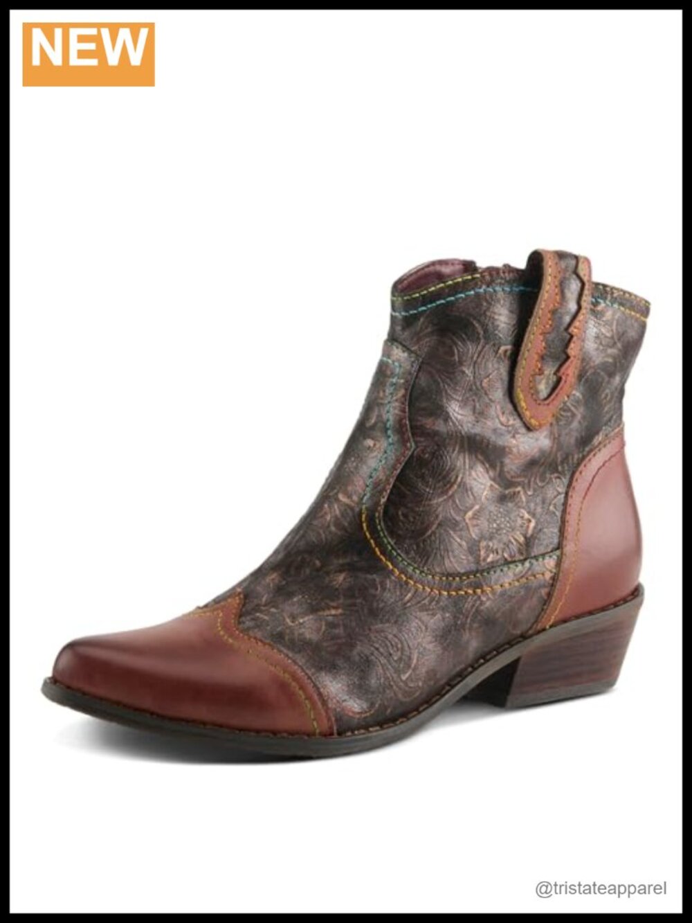 Faux Leather Pointed Toe Ankle Bootie with Wooden Stacked Heel
